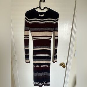 H&M Striped Long Sleeve Ribbed Midi Dress - Burgundy, Black & Cream